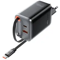 Travel Charger Acefast A111 Fast Charging USB-C and USB-A PD67W QC3.0 GaN and Retractable USB-C Cable 0.65m Black