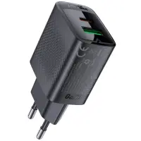 Travel Charger Acefast A78 Fast Charging 1xUSB-C 1xUSB-A PD20W QC3.0 GaN Black