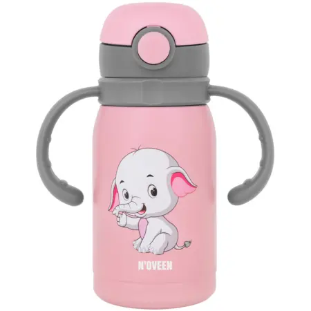 Stainless Steel & Plastic Kids Thermos Cup N'oveen TB566 300ml Double Walls with Strap and Interchangeable Caps Pink