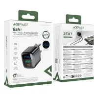 Travel Charger Acefast A114 Fast Charging 1xUSB-A + 1xUSB-C PD25W QC3.0 GaN with LED Digital Display Black