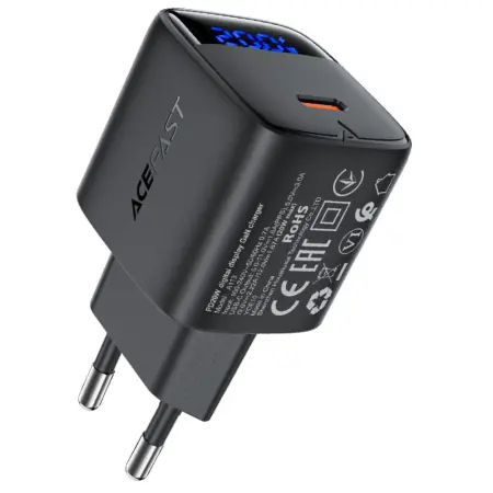 Travel Charger Acefast A113 Fast Charging USB-C PD20W GaN with Digital Display Black