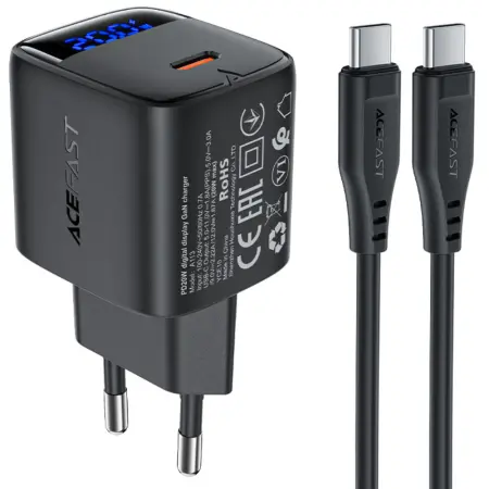 Travel Charger Acefast A113 Fast Charging USB-C PD20W GaN with Digital Display + USB-C to USB-C Cable Black
