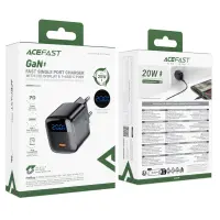 Travel Charger Acefast A113 Fast Charging USB-C PD20W GaN with Digital Display + USB-C to USB-C Cable Black
