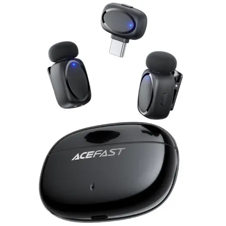 Lavalier Microphones Acefast R2 HD Noise Reduction 15m Range and 20hr Battery with USB-C Transmitter and Charging Case Black