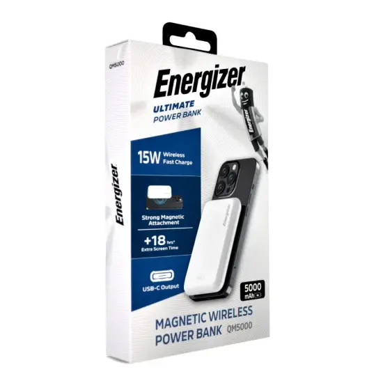 Power Bank Energizer QM5000 5000mAh 15W Fast Charge with 1xUSB-C and Wireless Charging 15W LED Battery Display White