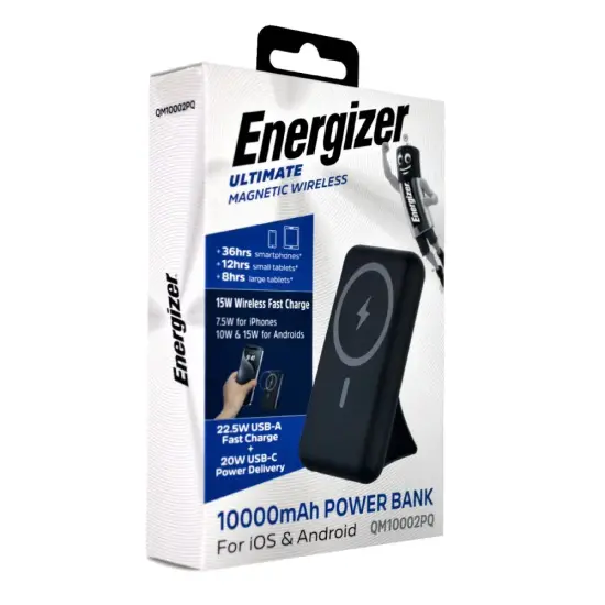 Power Bank Energizer QM10002PQ 10000mAh 22.5W Fast Charge with 1xUSB-C 1xUSB-A and Wireless Charging 15W LED Battery Display Black