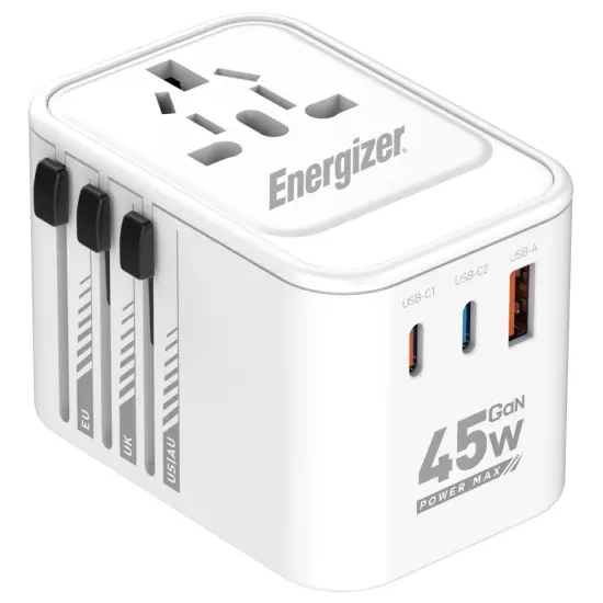 International Adapter Charger Energizer ETC450 US/AU UK EU with 1xUSB-A 30W 2xUSB-C 45W/12W GaN White