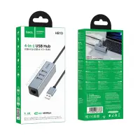 USB Hub Hoco HB1D 4-in-1 USB-A to 3xUSB-A 2.0 + RJ45 up to 480Mbps Aluminum Alloy Grey