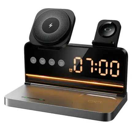 Hoco. DWQ03 4 in 1 Qi 15W Wireless Charger for Smartphone Earbuds Smartwatch with Digital Clock and Alarm Clock