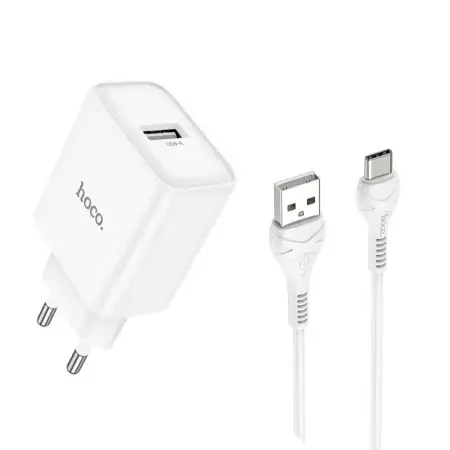 Travel Charger Hoco. DC72 River USB-A 5V 2.1A with USB-A to USB-C Cable 1m White