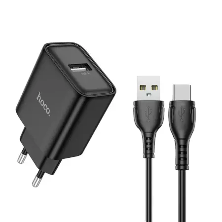 Travel Charger Hoco. DC72 River USB-A 5V 2.1A with USB-A to USB-C Cable 1m Black